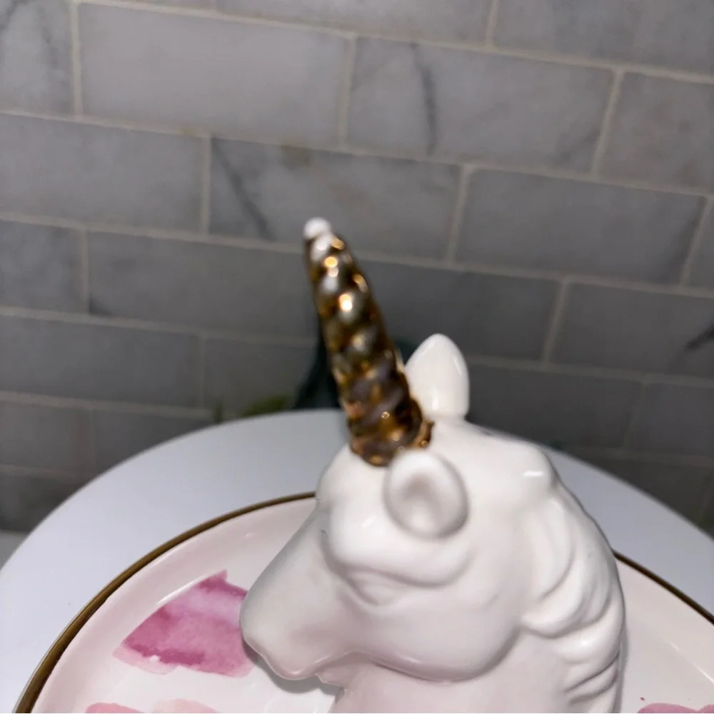 Unicorn Ring Bowl Trinket Tray – White with Gold Horn and Pink Accents